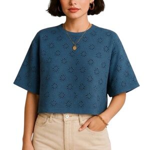 Madewell Blue Eyelet Cropped Tee